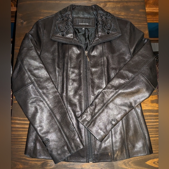 Jones New York Embroidered black leather jacket size medium - Picture 1 of 15